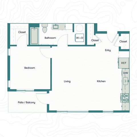 Floor plan for 1 bed, 1 bath, 791 sqft